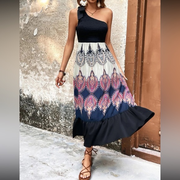 Boho floral print one shoulder midi dress - Picture 4 of 6